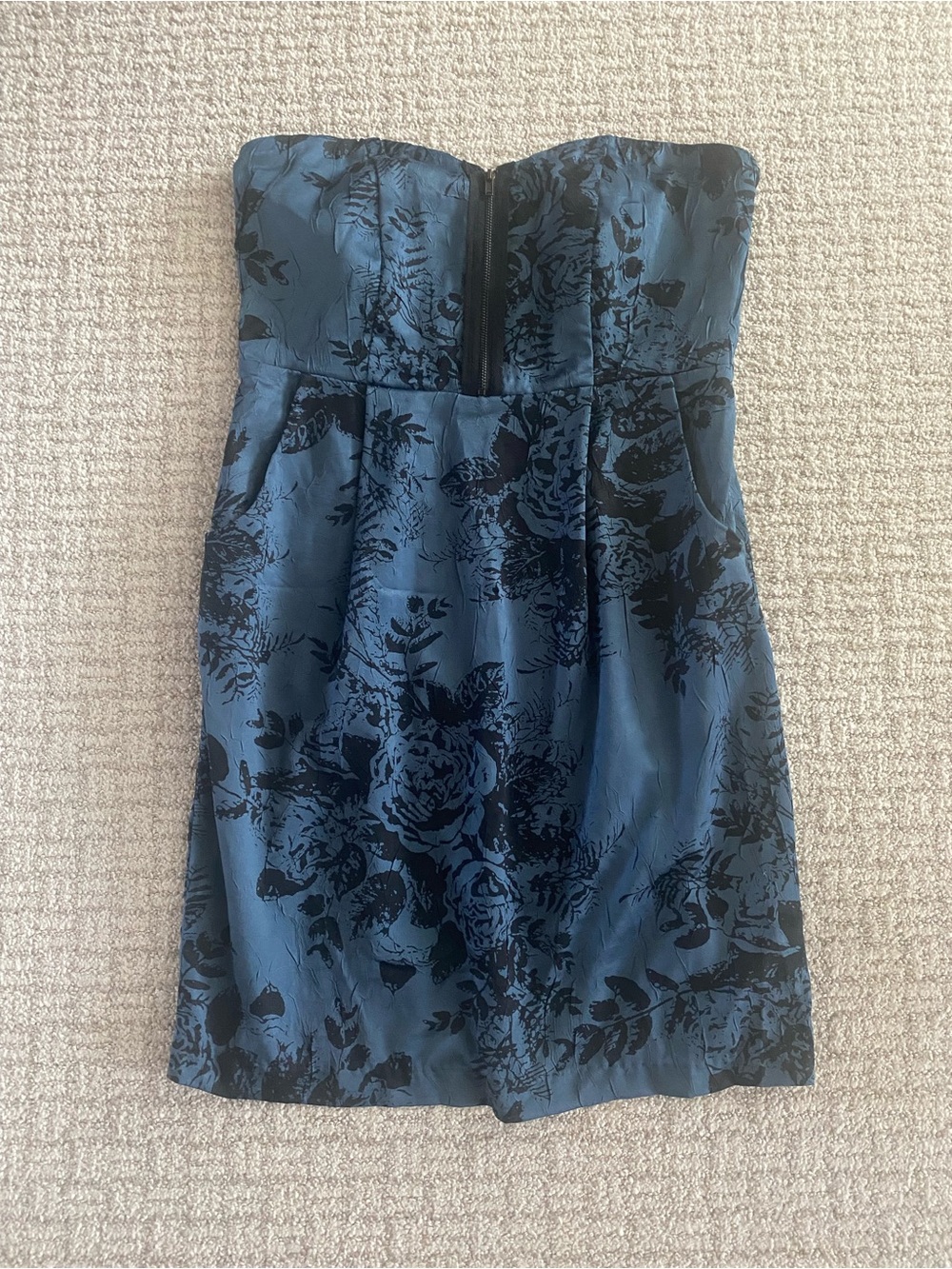 silence + noise Teal Blue Strapless Floral Jacquard Dress